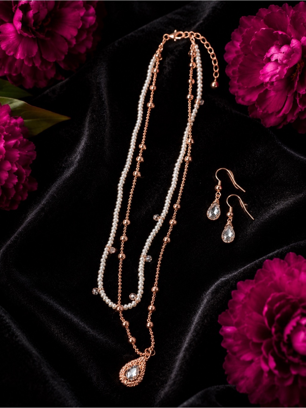 Rose Gold Pearl Layered Necklace with Crystal Drop Pendant